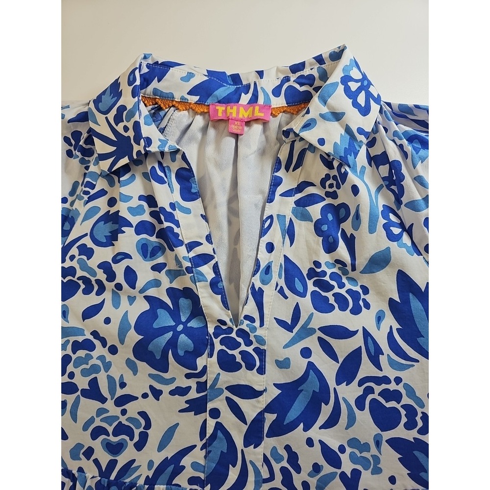 THML Women Dress Size XS Blue Floral Cotton Puff Sleeves Tasseled Summer Brunch - Picture 4 of 13